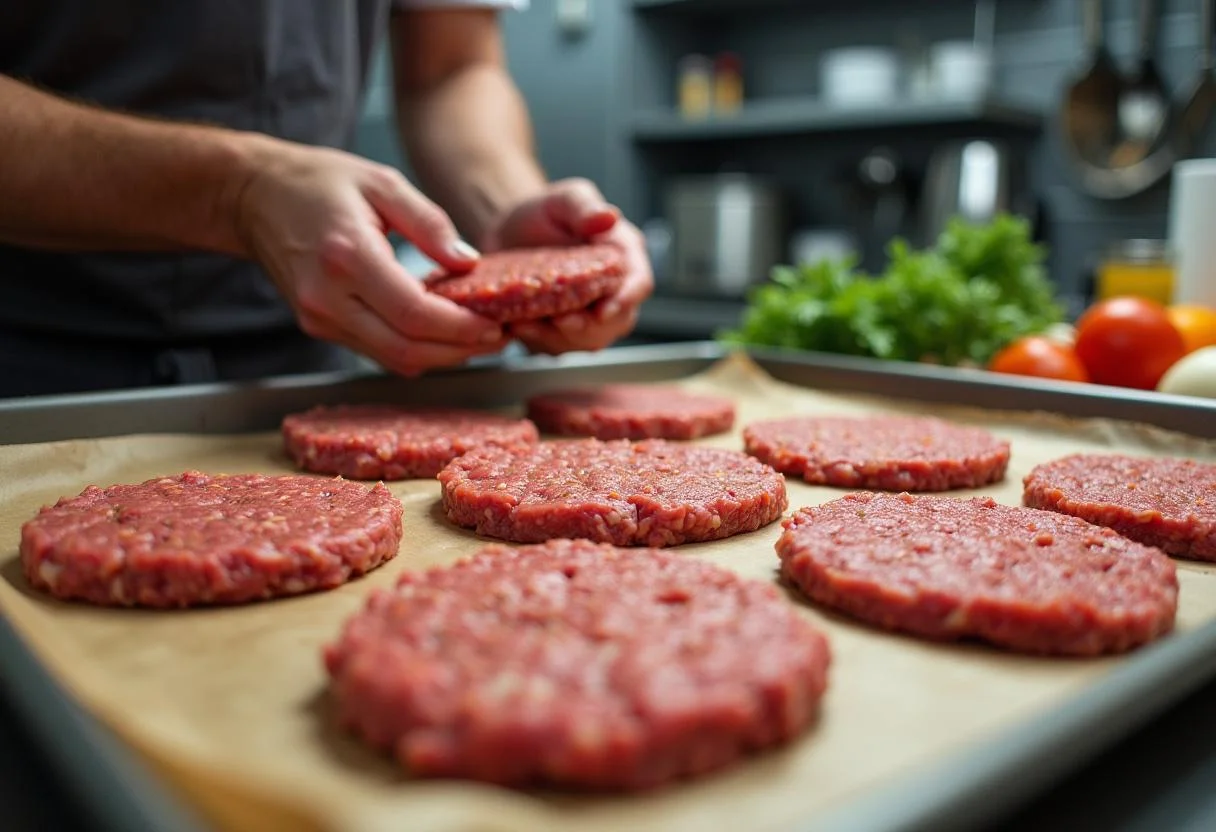 Shaping juicy patties for Breaking Bad Heisen-Burgers on a tray, emphasizing the artisanal craft of burger making in a lively kitchen.