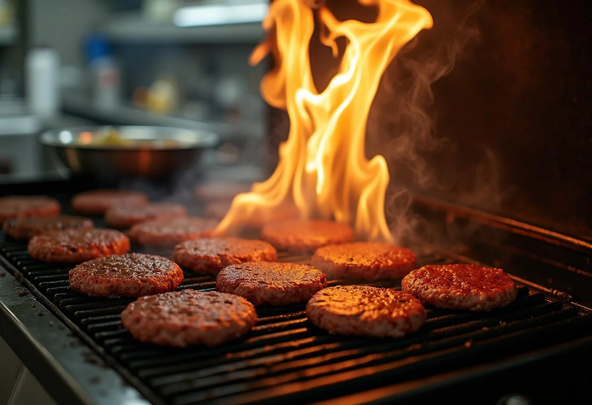 Grilling patties for Breaking Bad Heisen-Burgers, capturing the excitement and aroma of cooking in a dynamic kitchen setting.