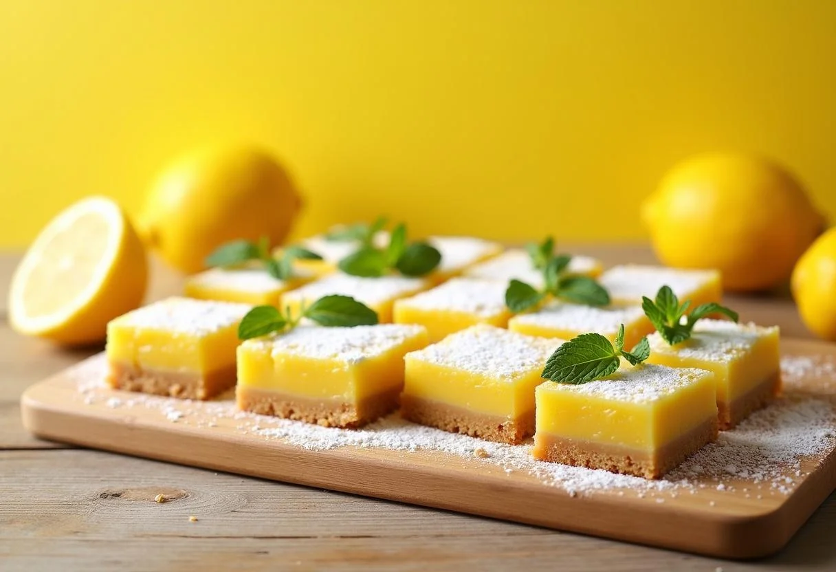 Delicious Breaking Bad Jesse's Lab Lemon Bars served on a cutting board, showcasing their golden top and powdered sugar finish.
