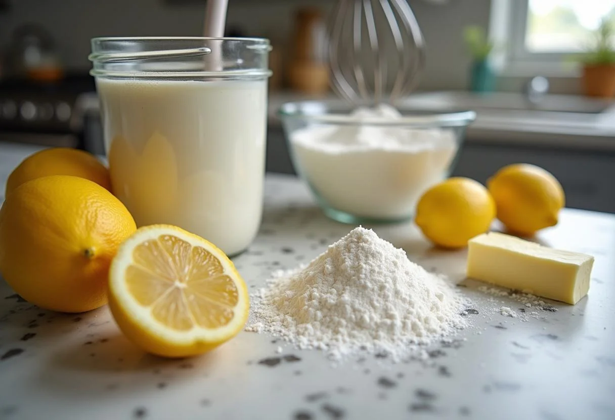 Ingredient setup for Breaking Bad Jesse's Lab Lemon Bars featuring fresh lemons, sugar, and eggs on a countertop.