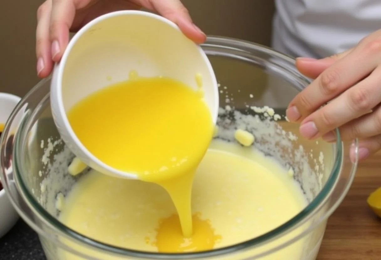 Combining lemon juice and eggs to create the filling for Breaking Bad Jesse's Lab Lemon Bars in a mixing scene.