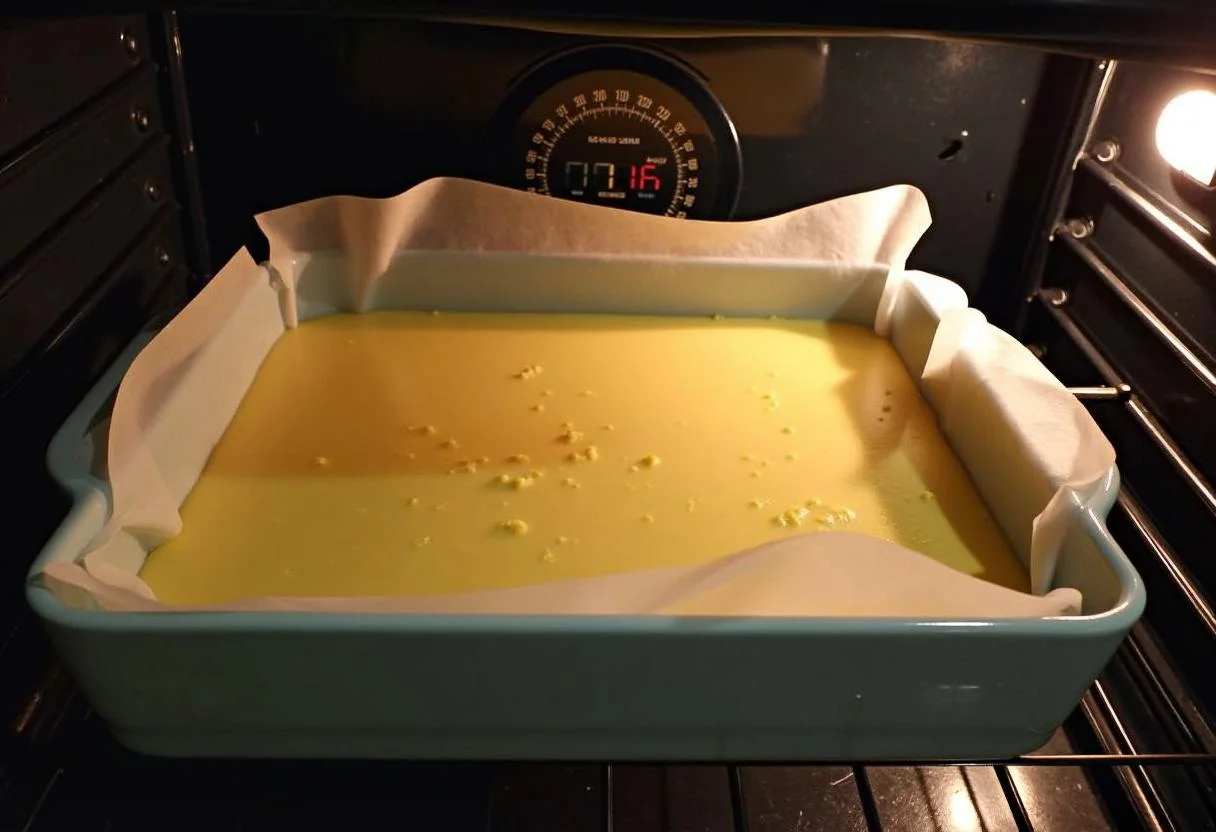 Baking process for Breaking Bad Jesse's Lab Lemon Bars, with batter in a dish ready for the oven.