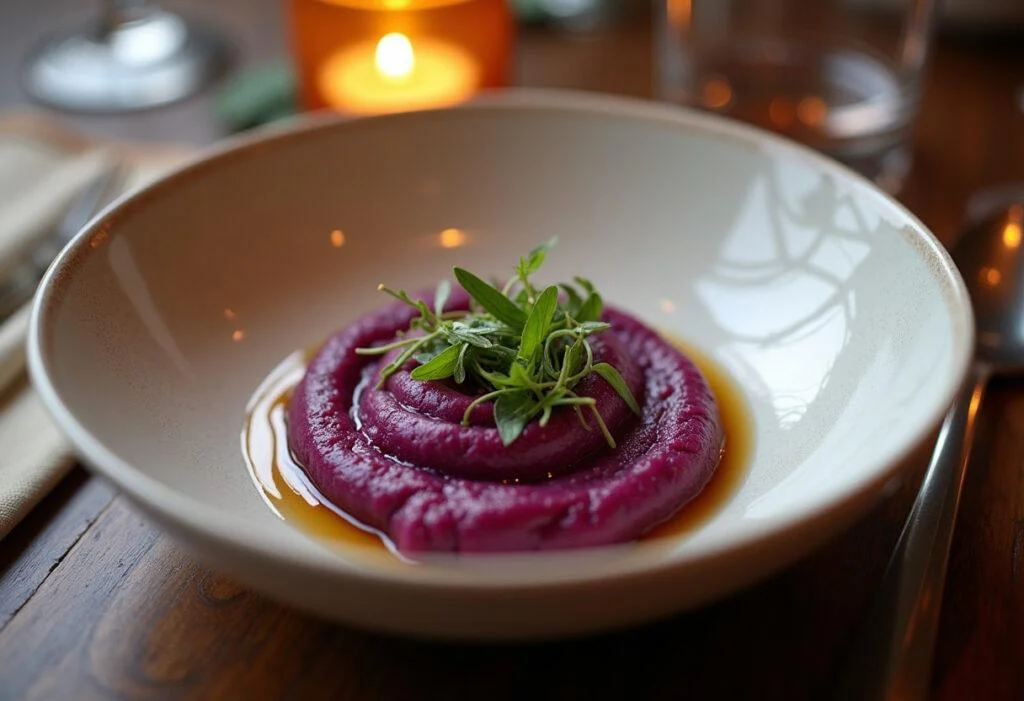 The finished dish of Breaking Bad Marie's Purple Yam Puree showcasing its vibrant color and garnishes in a stylish dining setup.
