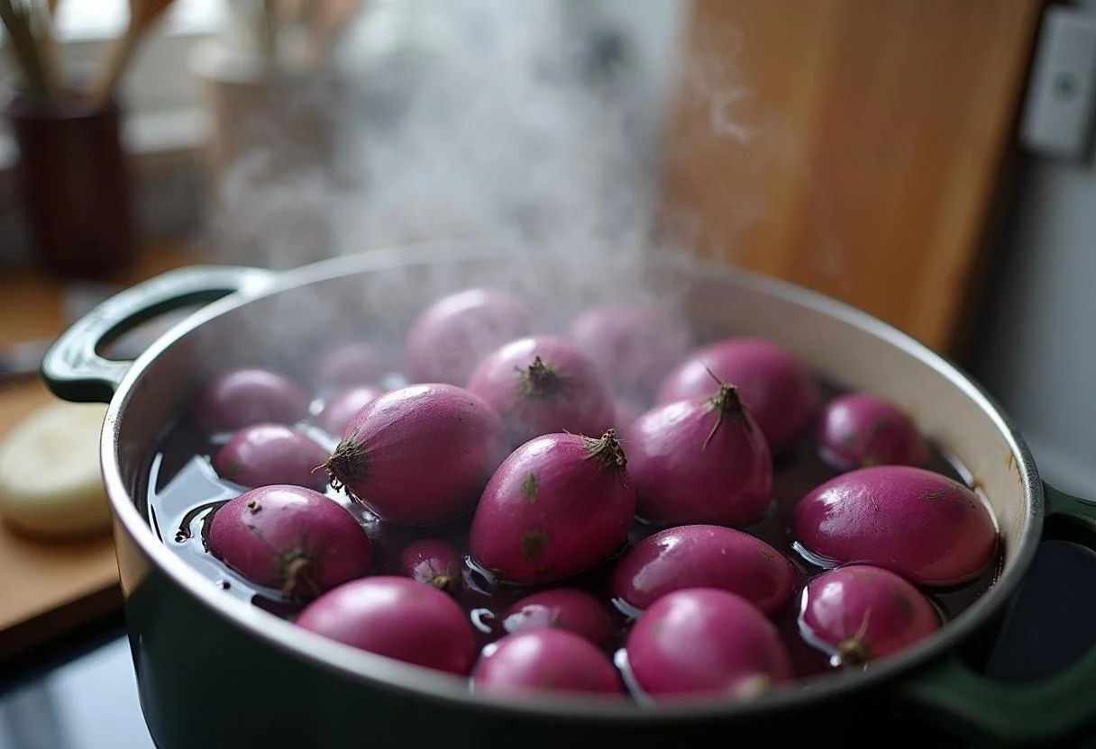 Breaking Bad Marie's Purple Yam Puree ingredients preparation with purple yams being boiled for a flavorful dish.