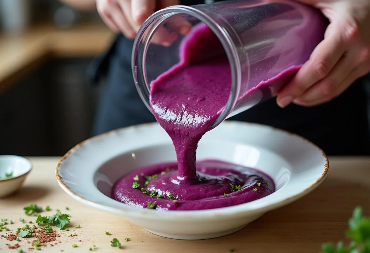 Final step in making Breaking Bad Marie's Purple Yam Puree with the silky texture being poured into a bowl.