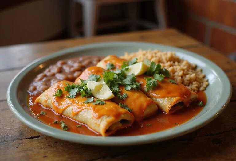 Delicious and vibrant Breaking Bad Tuco's Enchiladas served on a rustic wooden table with rice and beans, showcasing a mouth-watering dish.