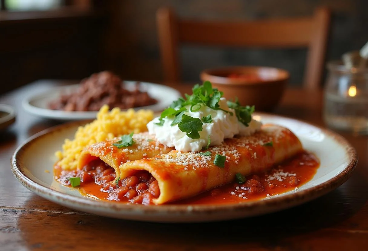Delicious and vibrant Breaking Bad Tuco's Enchiladas served on a rustic wooden table with rice and beans, showcasing a mouth-watering dish.