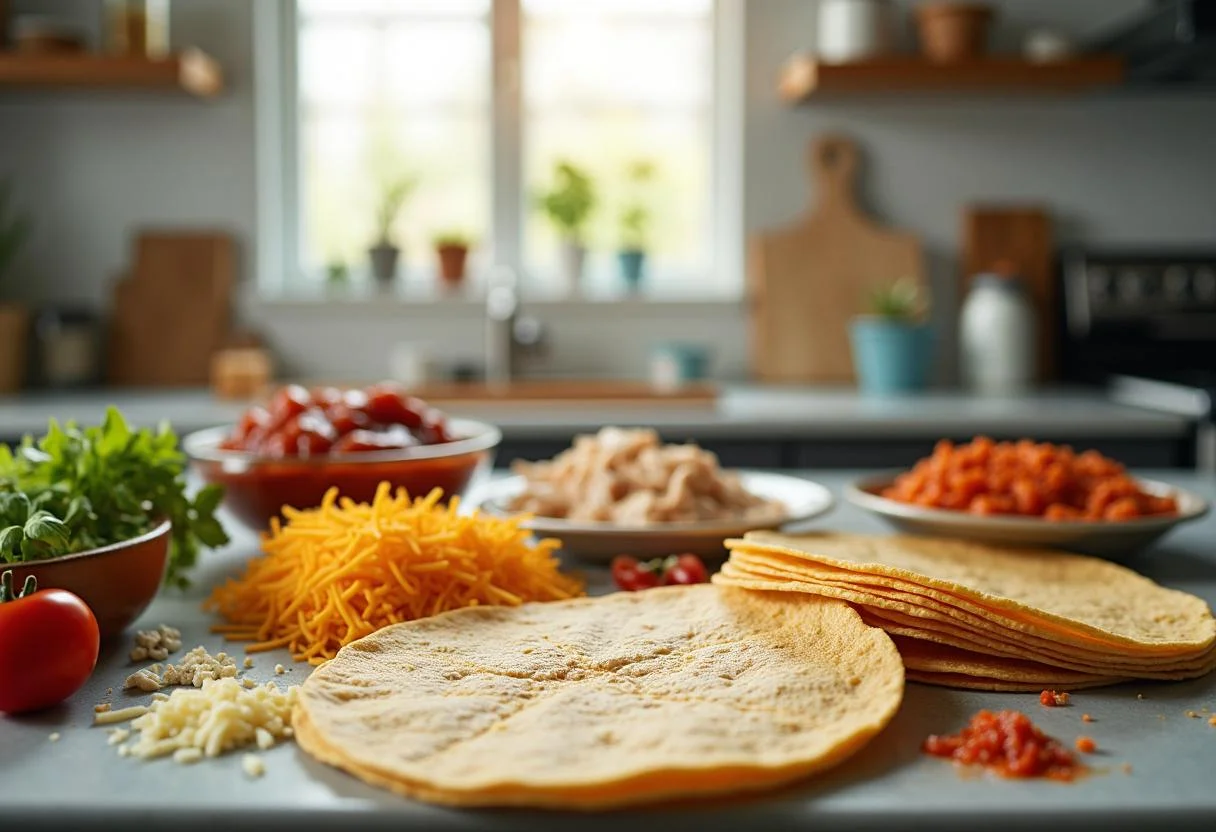 Breaking Bad Tuco's Enchiladas ingredients laid out in a colorful kitchen, featuring corn tortillas, chicken, cheese, and red sauce.