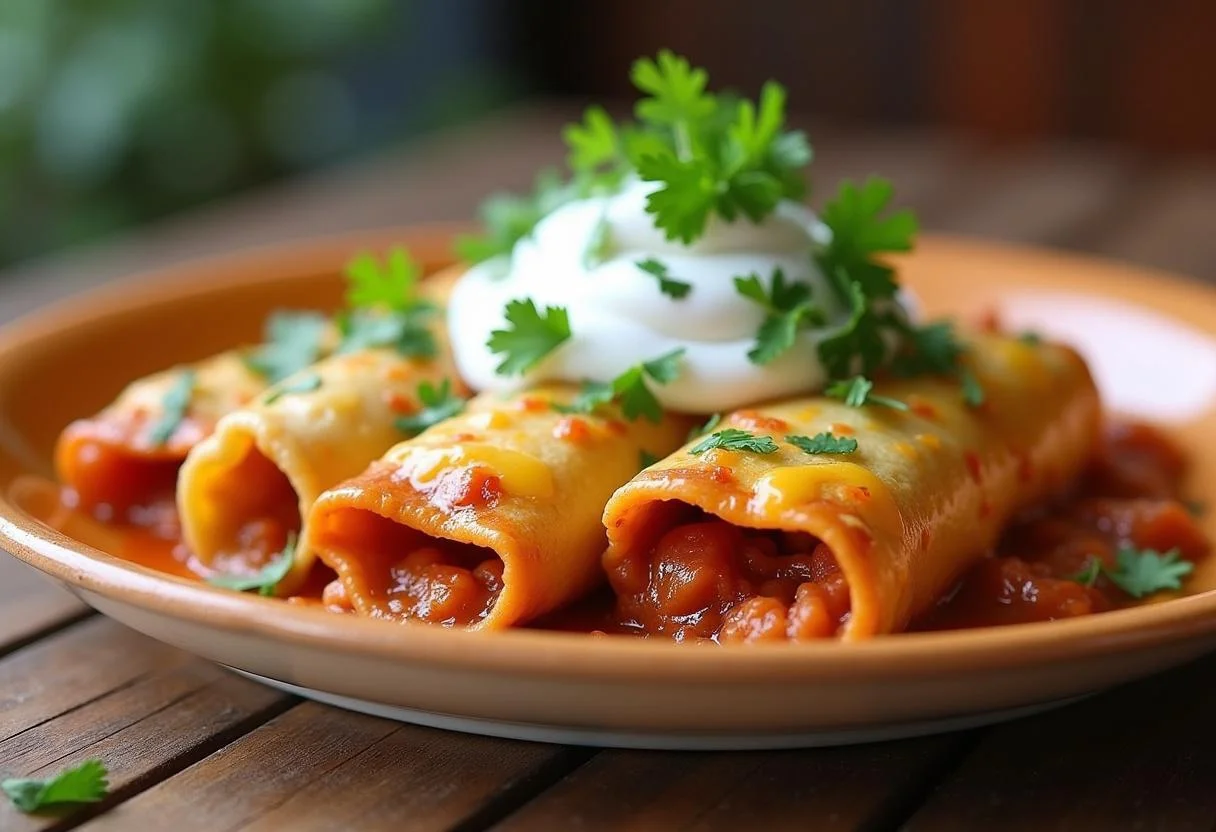 Final step of serving Breaking Bad Tuco's Enchiladas on a plate, beautifully garnished and ready to enjoy, emphasizing the finishing touch of this dish.