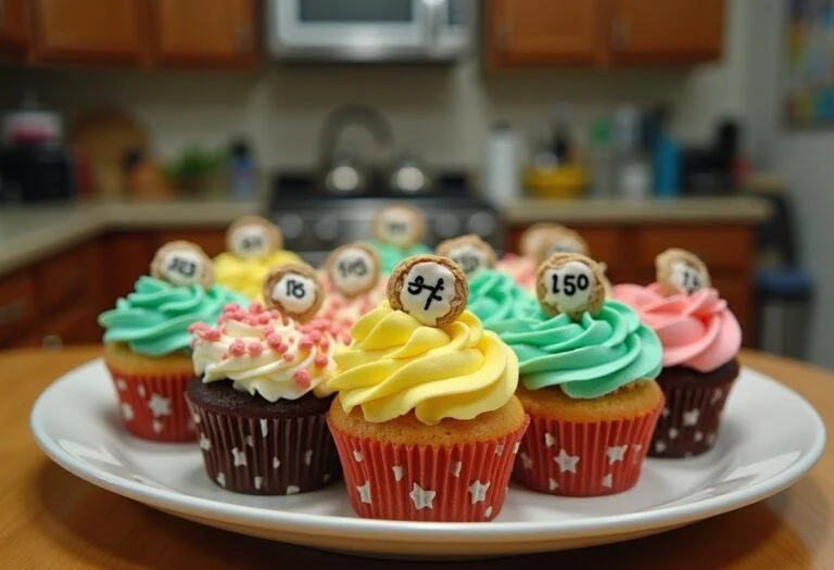 Final presentation of Breaking Bad Walter White's Chemistry Cupcakes decorated with vibrant frosting in an aesthetically pleasing kitchen.