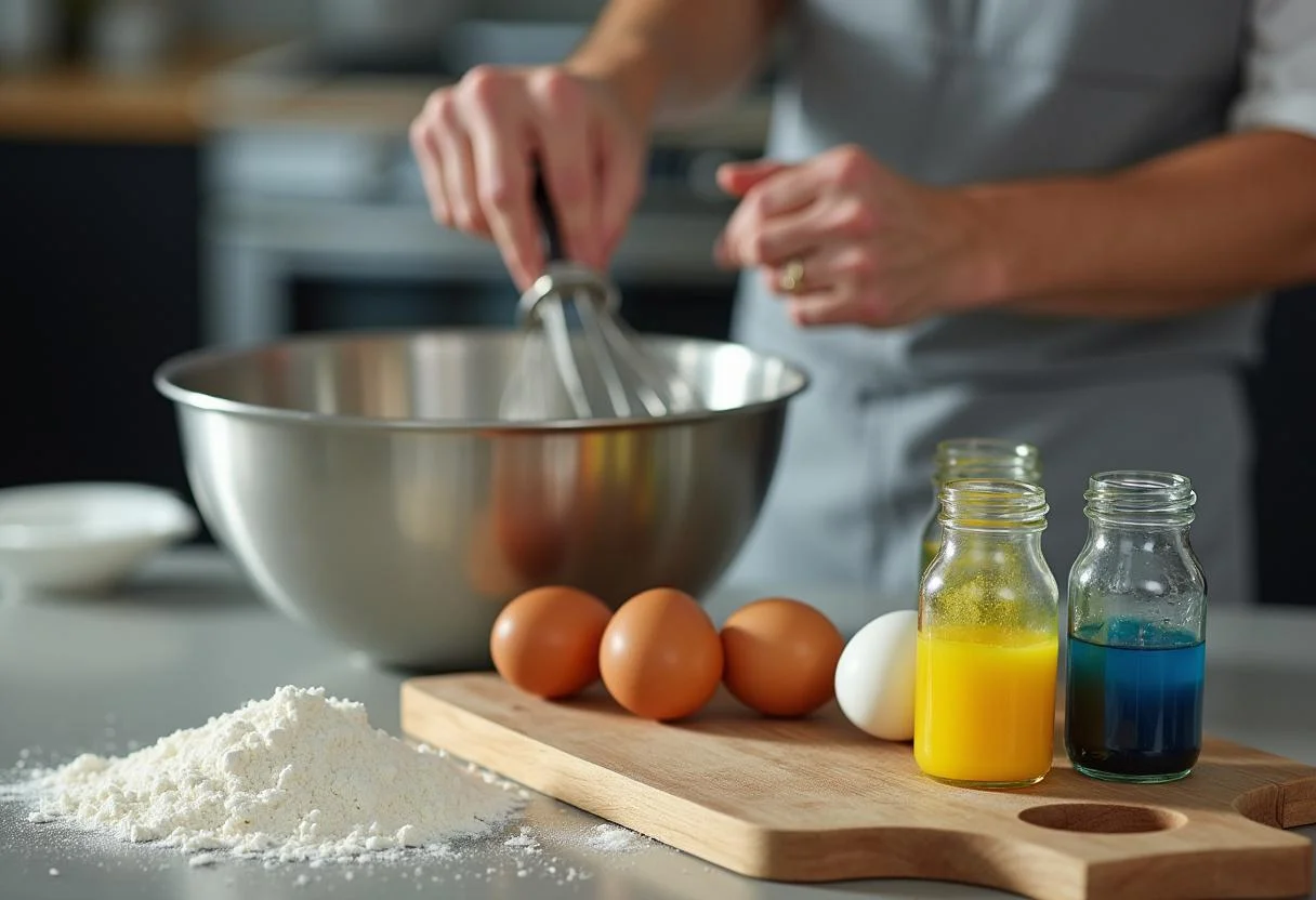 Ingredients for Breaking Bad Walter White's Chemistry Cupcakes featuring flour, sugar, eggs, and colorful food coloring in a chic kitchen.
