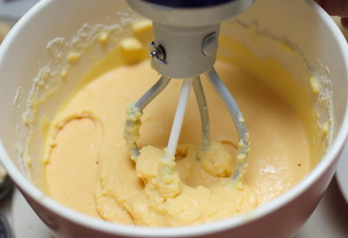 Mixing the batter for Breaking Bad Walter White's Chemistry Cupcakes in a bright kitchen, highlighting the fluffy consistency of the mixture.
