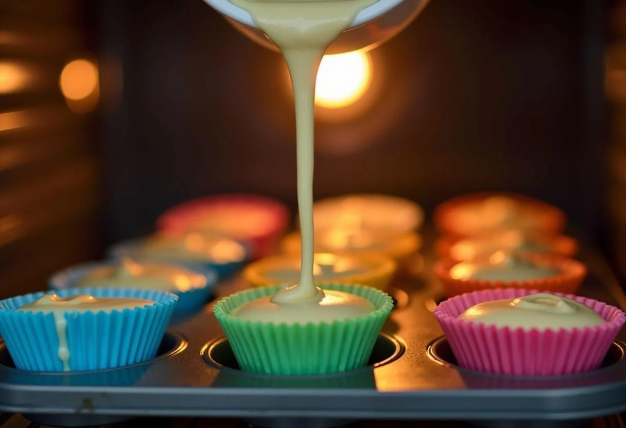 Preparing to bake Breaking Bad Walter White's Chemistry Cupcakes with colorful batter poured into muffin tins in a bustling kitchen.