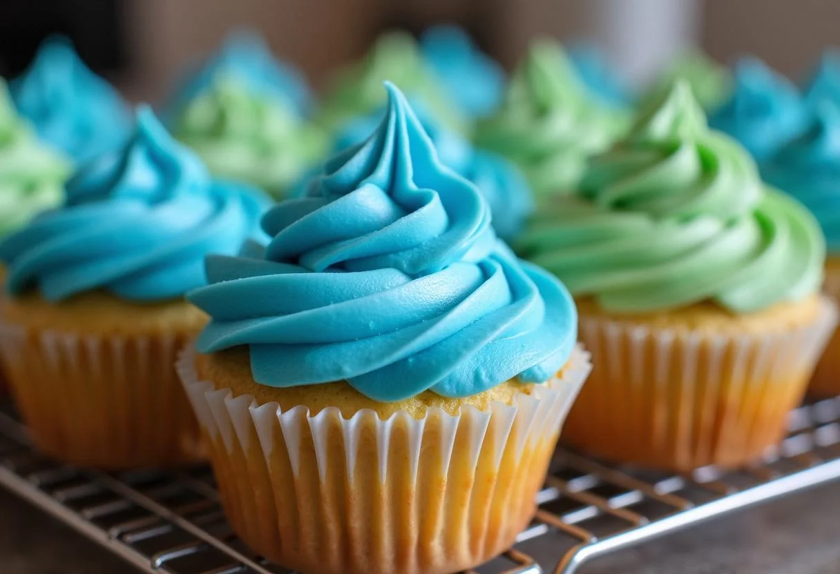 Cooling fresh Breaking Bad Walter White's Chemistry Cupcakes with colorful frosting in a charming kitchen setting.