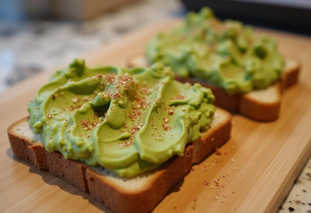 Preparing Brooklyn Nine-Nine Charles Boyle's Artisanal Avocado Toast with avocado spread on toasted bread.