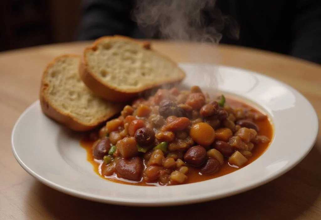Final presentation of Brooklyn Nine-Nine Pontiac Bandit's Prison Break Bean Chili, highlighting the colorful ingredients and inviting aroma.