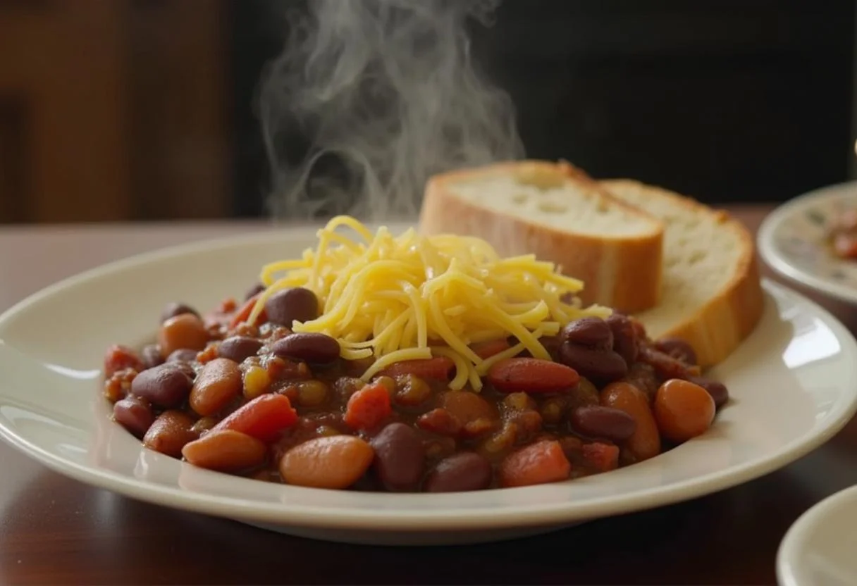 Final presentation of Brooklyn Nine-Nine Pontiac Bandit's Prison Break Bean Chili, highlighting the colorful ingredients and inviting aroma.