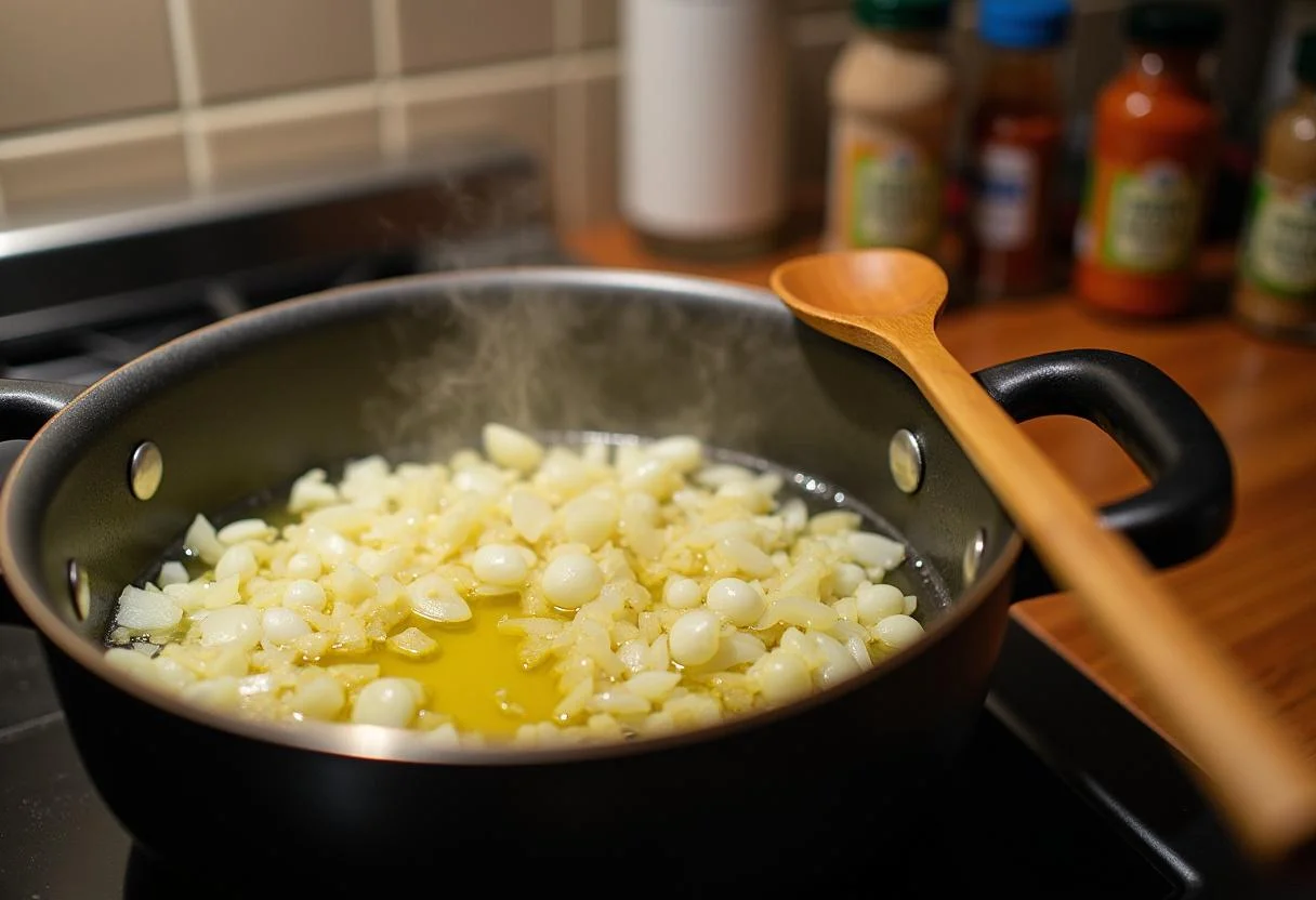 Chopping onions and garlic for Brooklyn Nine-Nine Pontiac Bandit's Prison Break Bean Chili, creating a flavorful base with spices.