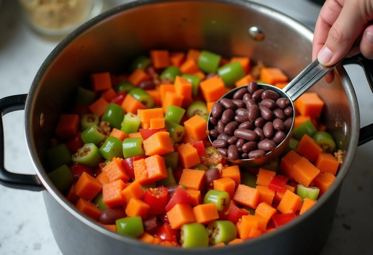 Adding diced bell peppers and carrots to the pot for Brooklyn Nine-Nine Pontiac Bandit's Prison Break Bean Chili, enhancing the bean-rich dish.