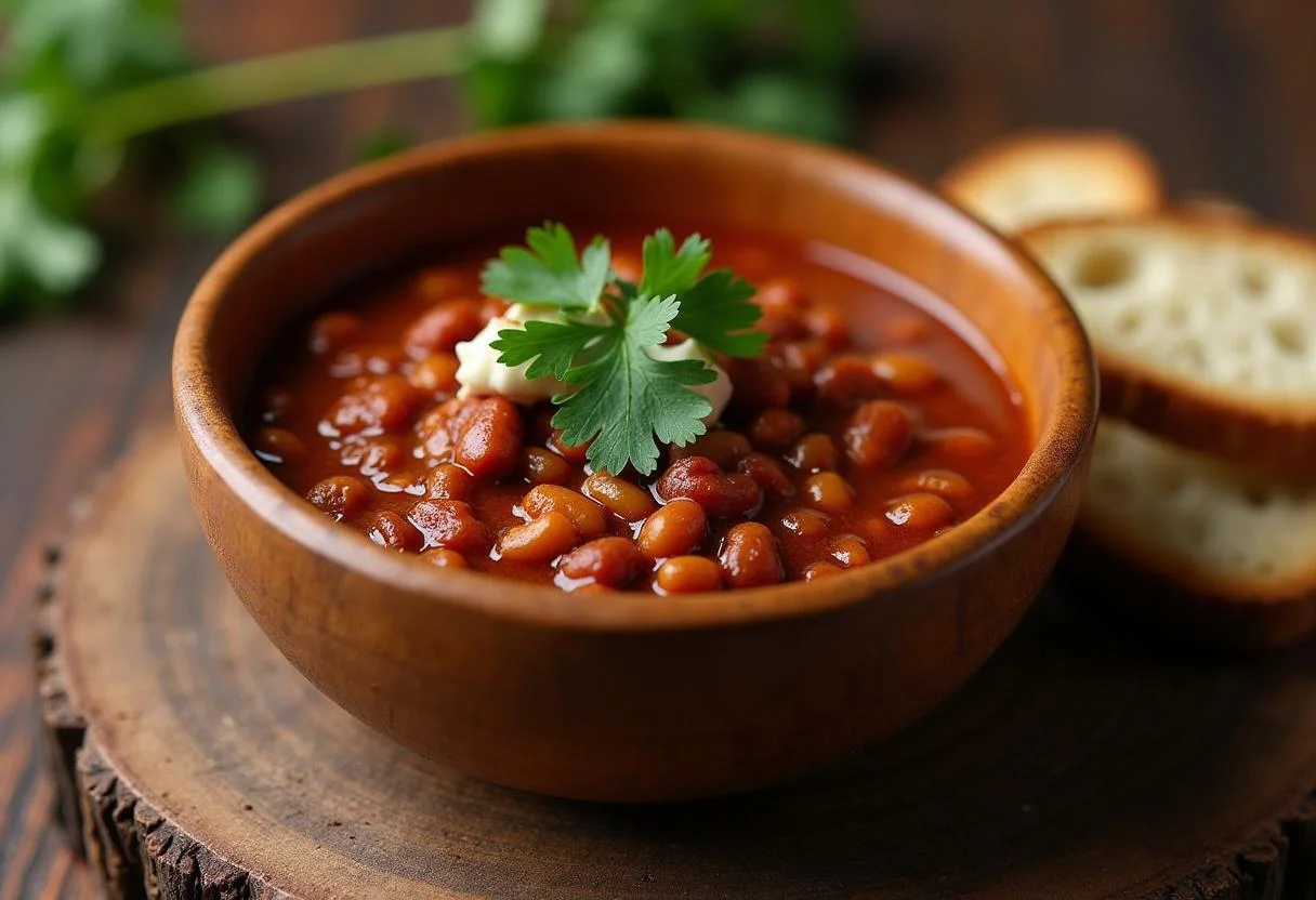 Serving Brooklyn Nine-Nine Pontiac Bandit's Prison Break Bean Chili in a wooden bowl, garnished with cilantro for a delicious meal.