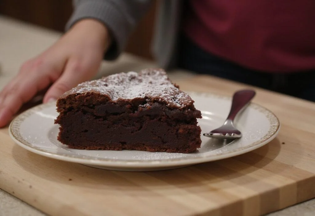 Finished slice of Brooklyn Nine-Nine Rosa Diaz's Dark and Dangerous Brownies, presented on a wooden board, highlighting their decadent chocolatey goodness.