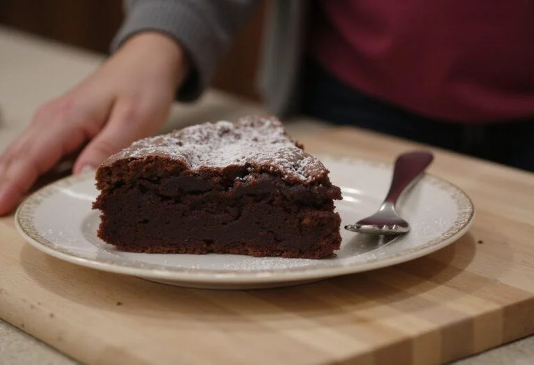Finished slice of Brooklyn Nine-Nine Rosa Diaz's Dark and Dangerous Brownies, presented on a wooden board, highlighting their decadent chocolatey goodness.
