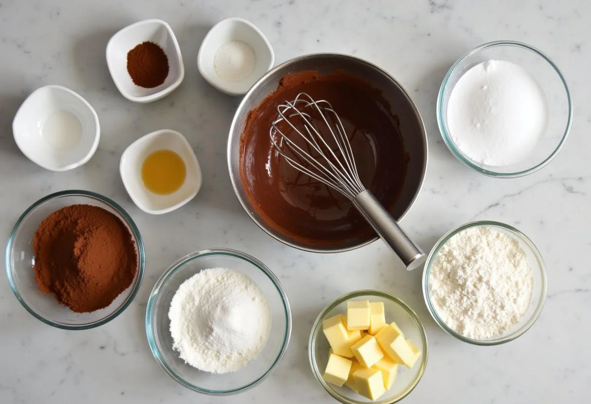 Preparing ingredients for Brooklyn Nine-Nine Rosa Diaz's Dark and Dangerous Brownies, featuring cocoa powder, flour, and sugar on a kitchen countertop.