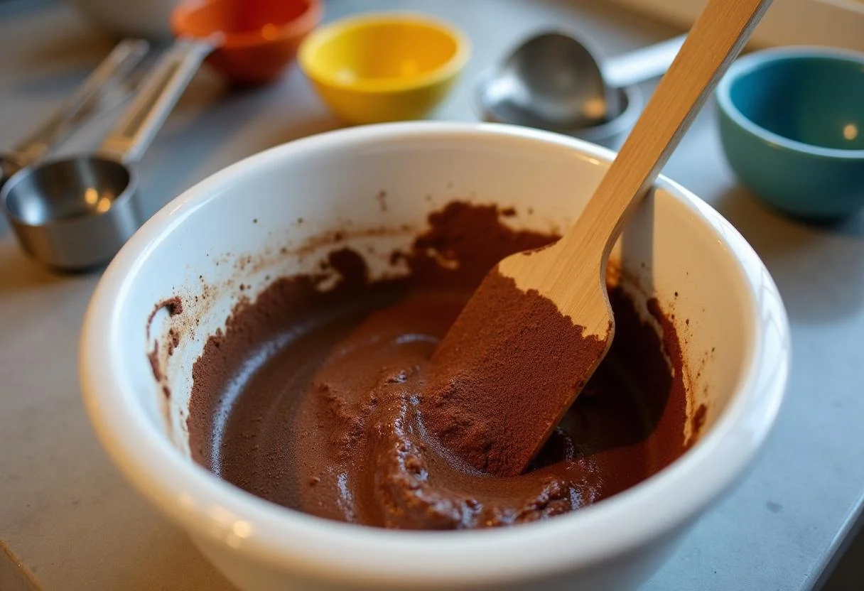 Mixing together the rich cocoa and sugar with melted butter for Rosa Diaz's Dark and Dangerous Brownies in a mixing bowl.