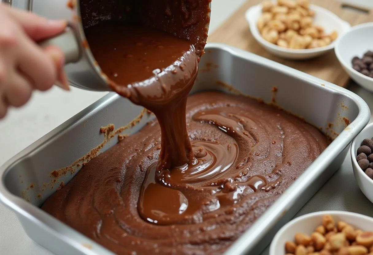 Pouring rich brownie batter into a baking pan for Brooklyn Nine-Nine Rosa Diaz's Dark and Dangerous Brownies, ready to bake for a delicious treat.