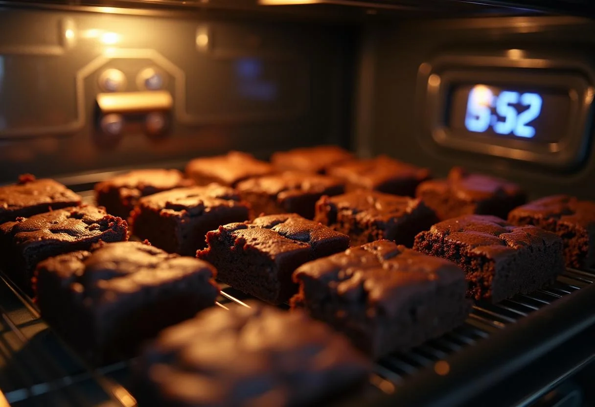 Baking Rosa Diaz's Dark and Dangerous Brownies in the oven, with the sweet scent of chocolate filling the kitchen as they cook.