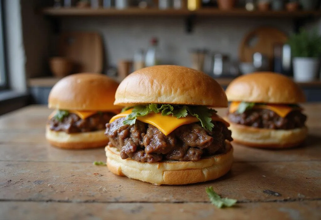 Close-up of Brooklyn Nine-Nine Scully and Hitchcock's Slacker Sliders showcasing juicy beef, melted cheese, and fresh toppings in a charming kitchen setting.