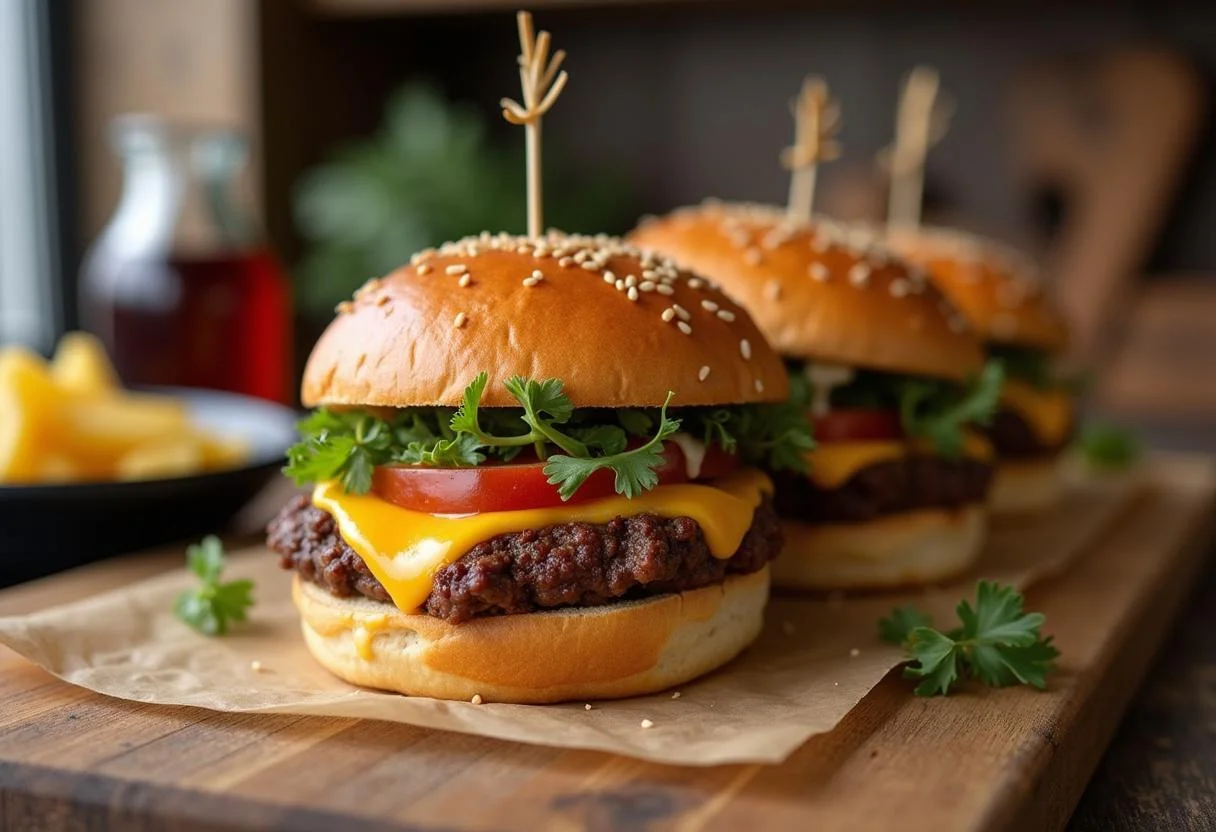 Close-up of Brooklyn Nine-Nine Scully and Hitchcock's Slacker Sliders showcasing juicy beef, melted cheese, and fresh toppings in a charming kitchen setting.