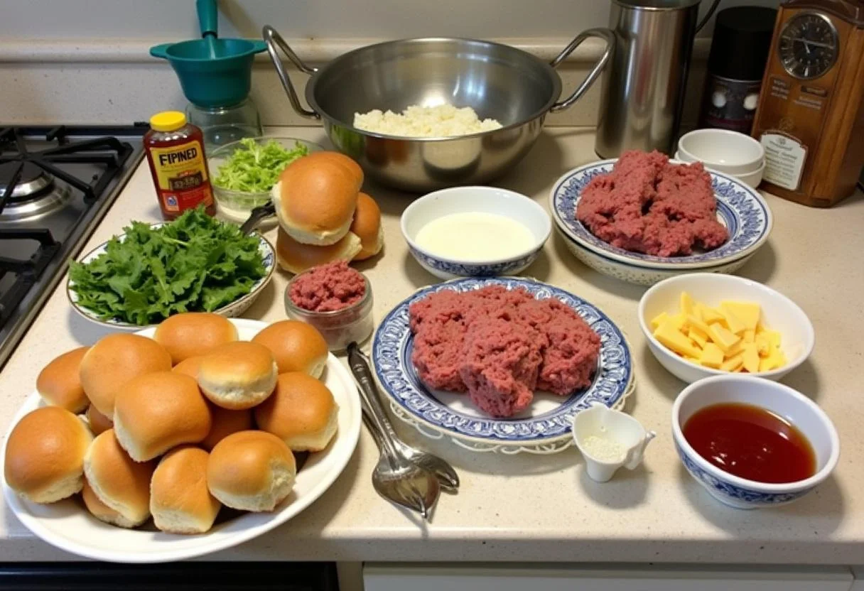 Ingredients for Brooklyn Nine-Nine Scully and Hitchcock's Slacker Sliders displayed on a kitchen counter, including ground beef, slider buns, and cheese slices.