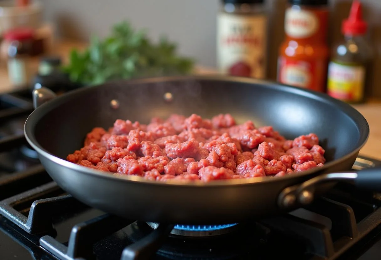 Cooking ground beef in a skillet for Brooklyn Nine-Nine Scully and Hitchcock's Slacker Sliders, highlighting the perfect sear and seasoning.