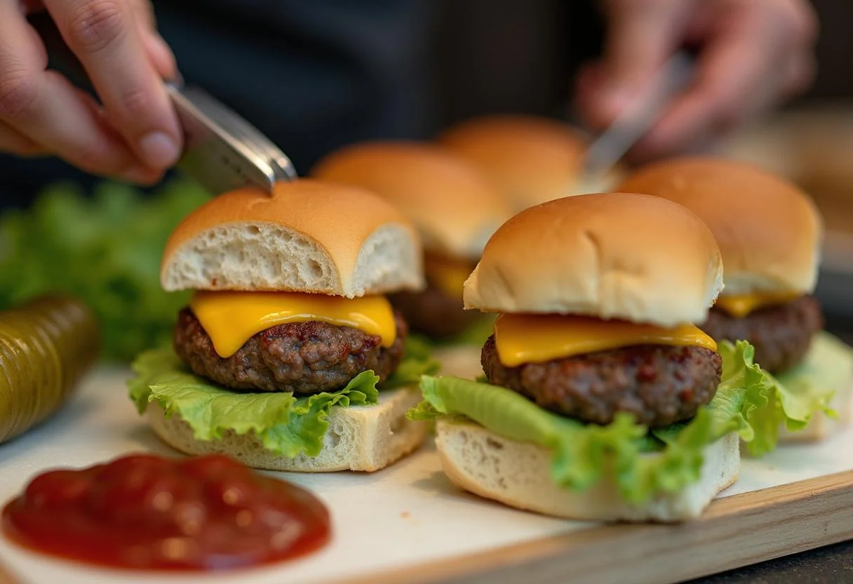 Assembling Brooklyn Nine-Nine Scully and Hitchcock's Slacker Sliders with cooked beef, melting cheese, and fresh toppings clearly visible.