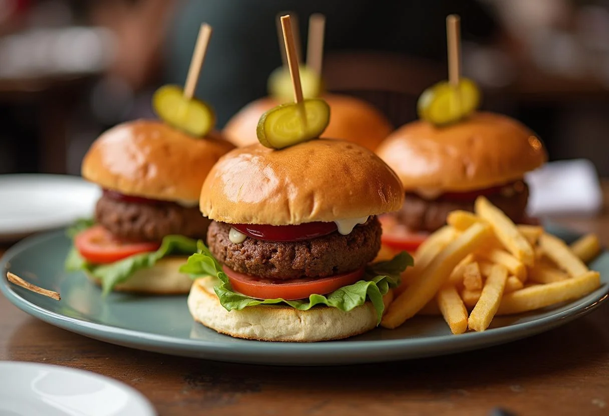 Platter of Brooklyn Nine-Nine Scully and Hitchcock's Slacker Sliders served with crispy fries, perfect for a casual meal.