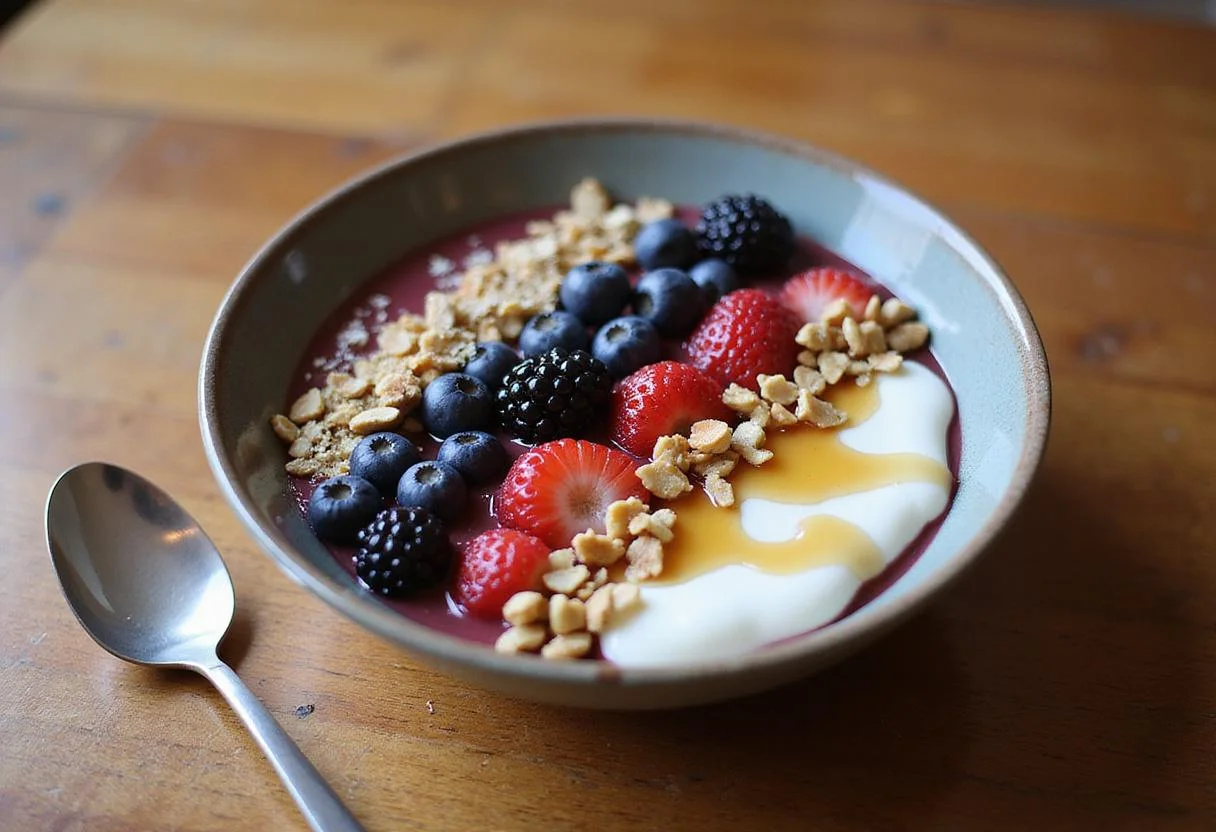 A stunning presentation of Brooklyn Nine-Nine Terry Jeffords' Yogurt Power Bowl, featuring topped yogurt with berries, honey, and nuts, creating an inviting and healthy breakfast display.