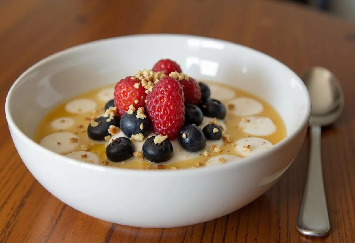 A stunning presentation of Brooklyn Nine-Nine Terry Jeffords' Yogurt Power Bowl, featuring topped yogurt with berries, honey, and nuts, creating an inviting and healthy breakfast display.
