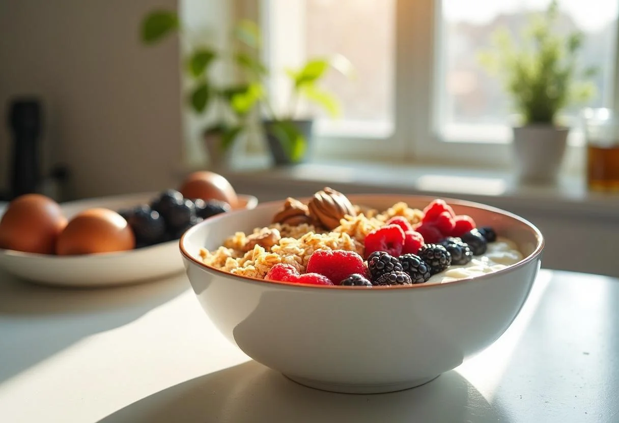 Brooklyn Nine-Nine Terry Jeffords' Yogurt Power Bowl ingredients displayed on a kitchen counter, featuring Greek yogurt, granola, mixed berries, honey, and nuts, in a bright and inviting kitchen.