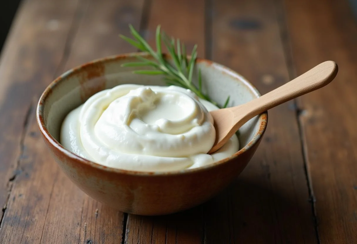A close-up shot of a bowl filled with creamy Greek yogurt, part of the Brooklyn Nine-Nine Terry Jeffords' Yogurt Power Bowl preparation, with a rustic wooden table background.