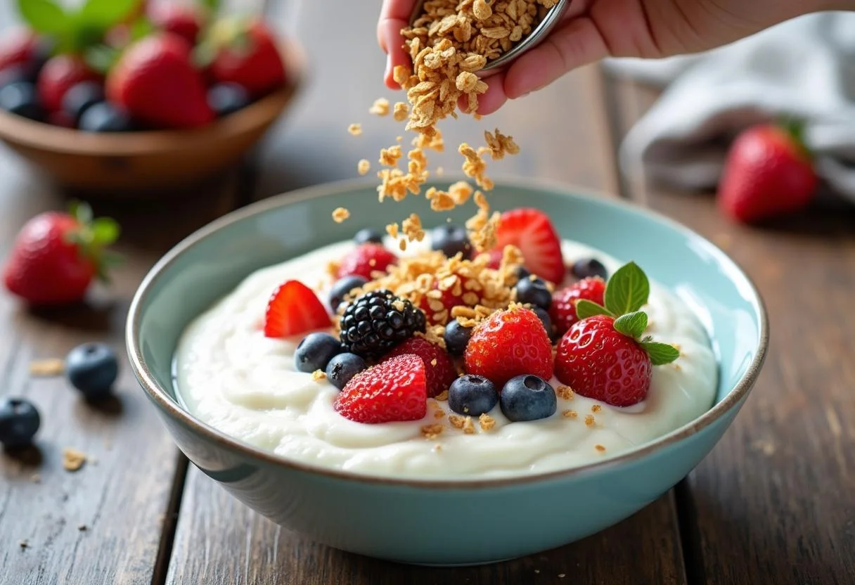 Overhead view of granola and mixed berries being added to yogurt, capturing the vibrant colors and textures of the Brooklyn Nine-Nine Terry Jeffords' Yogurt Power Bowl preparation.