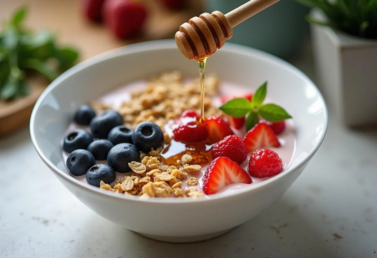 Side view of the completed Brooklyn Nine-Nine Terry Jeffords' Yogurt Power Bowl, showcasing the layers of yogurt, granola, and berries waiting to be finished with honey.