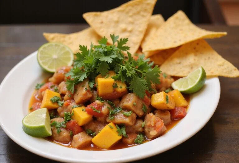 Serving of Call Me By Your Name Timothée Chalamet Peach Salsa with tortilla chips, beautifully arranged to highlight its fresh and vibrant flavors.