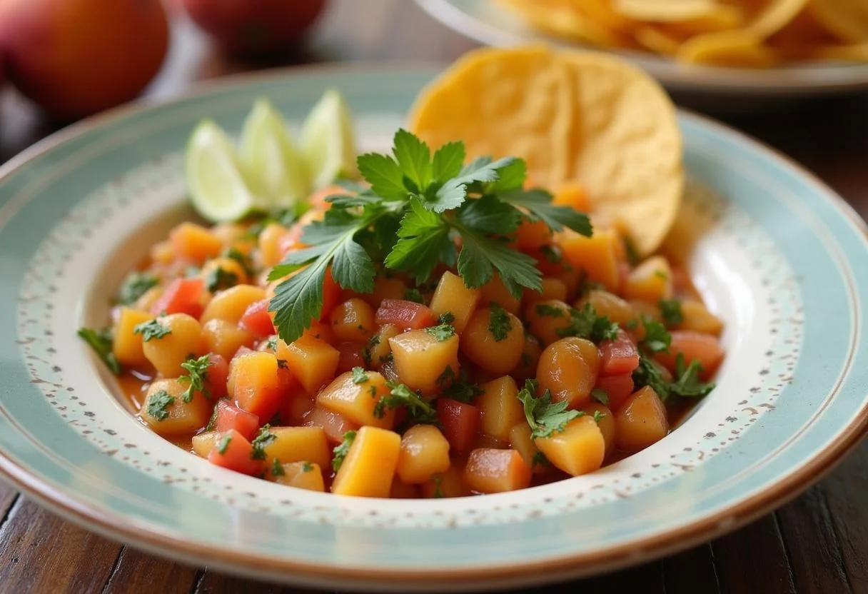 Serving of Call Me By Your Name Timothée Chalamet Peach Salsa with tortilla chips, beautifully arranged to highlight its fresh and vibrant flavors.