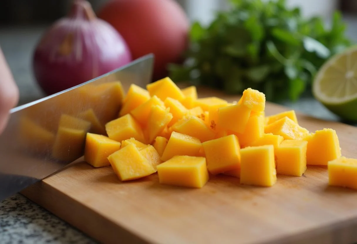 Diced fresh peaches on a wooden cutting board for Call Me By Your Name Timothée Chalamet Peach Salsa preparation, featuring colorful ingredients like red onion and cilantro.