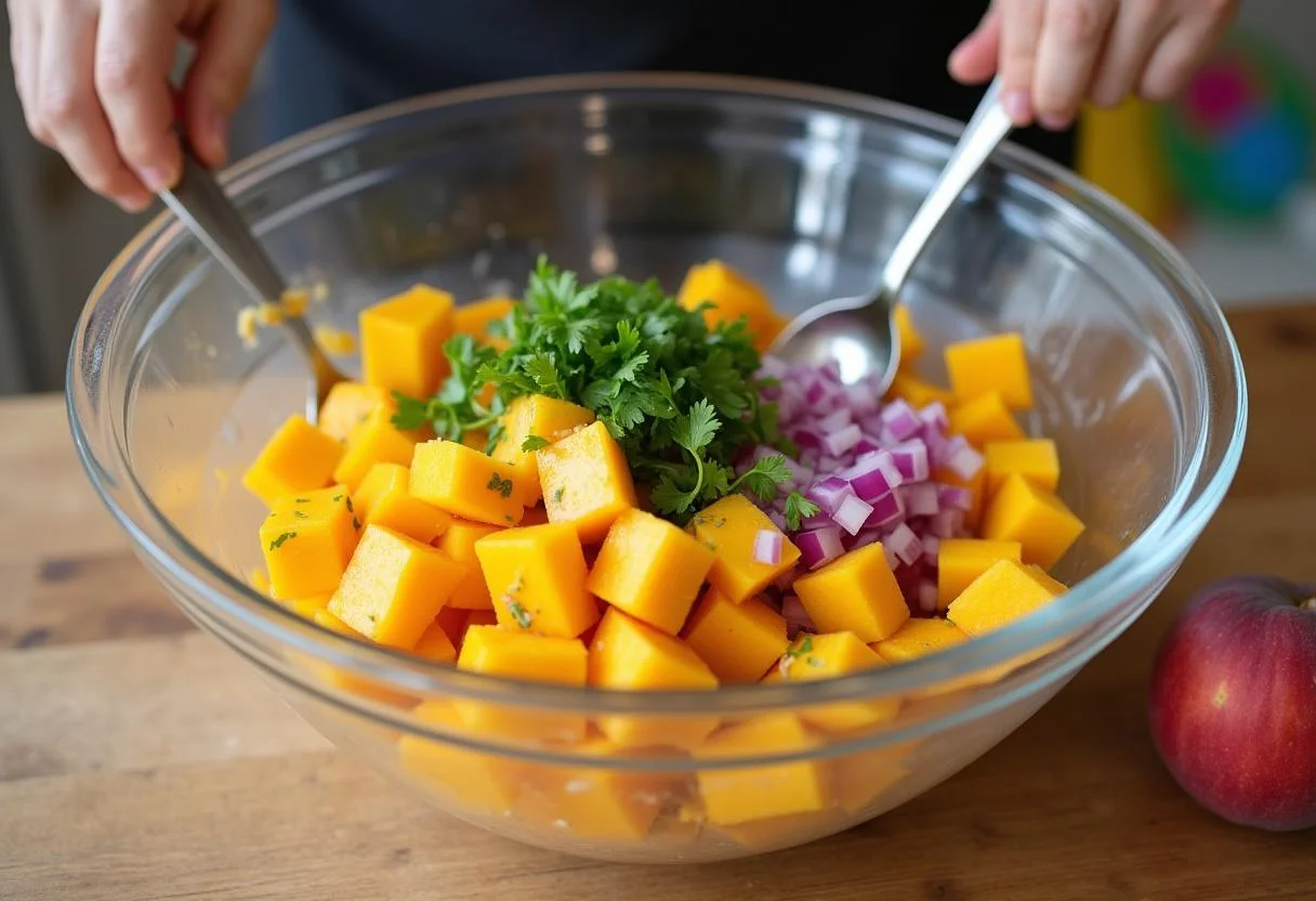 Mixing diced peaches, onions, and cilantro in a bowl for Call Me By Your Name Timothée Chalamet Peach Salsa, showcasing a vibrant and inviting kitchen atmosphere.