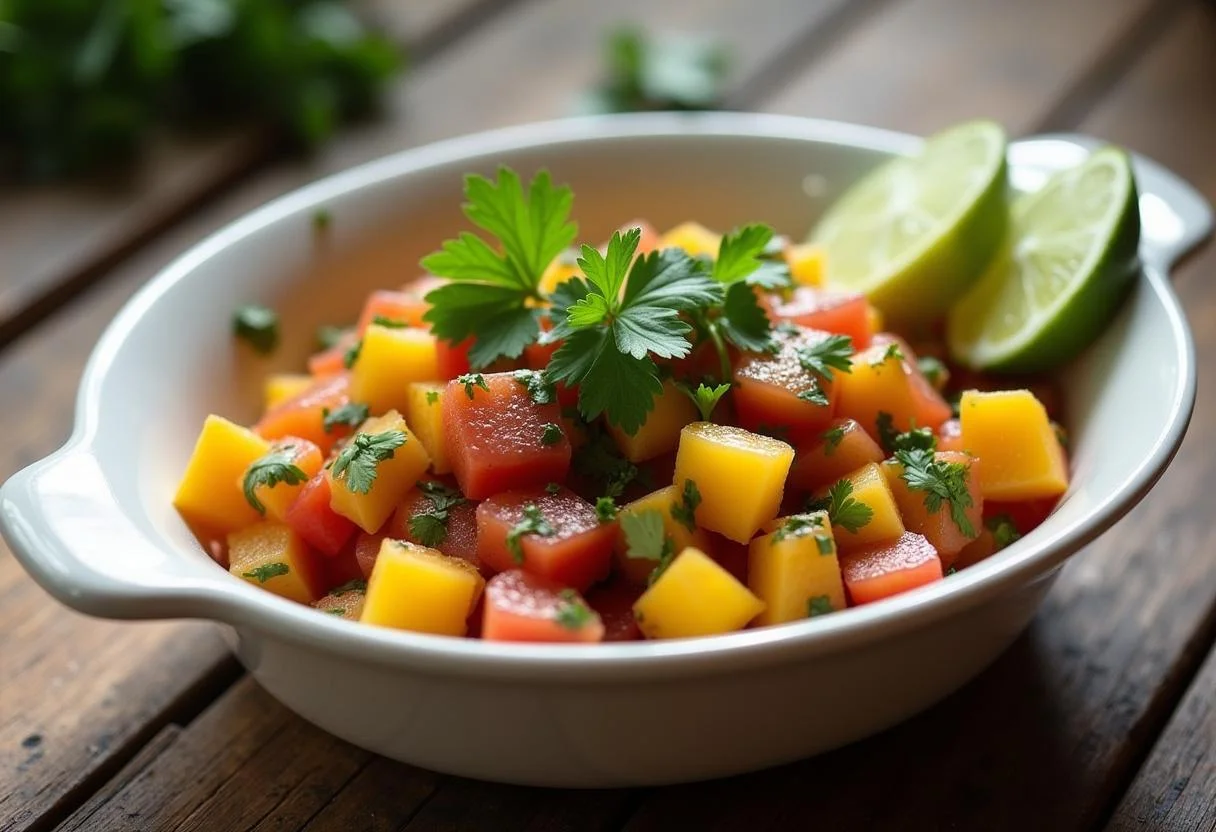 Garnished peach salsa in a serving dish for Call Me By Your Name Timothée Chalamet Peach Salsa, presented on a rustic table, showcasing vibrant colors and textures.