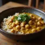 Delicious serving of Captain Jack Sparrow Johnny Depp's Caribbean Chickpea Curry, garnished with cilantro and served with rice in a rustic setup.