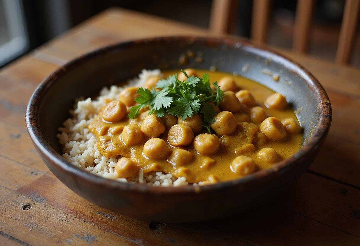 Delicious serving of Captain Jack Sparrow Johnny Depp's Caribbean Chickpea Curry, garnished with cilantro and served with rice in a rustic setup.