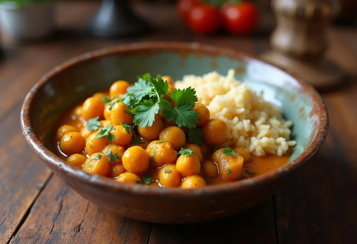 Delicious serving of Captain Jack Sparrow Johnny Depp's Caribbean Chickpea Curry, garnished with cilantro and served with rice in a rustic setup.